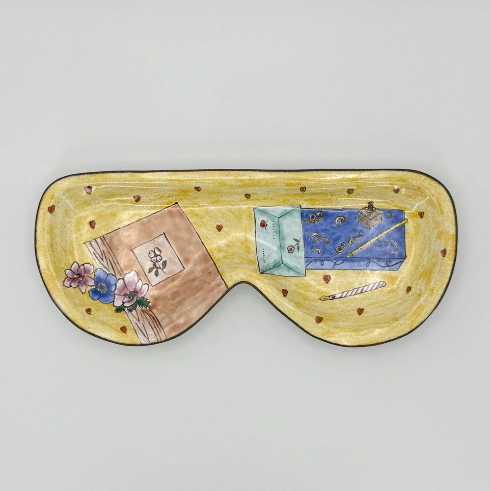 Empress Arts 2002 Handpainted Enamel Trinket Eyeglass Tray Yellow Floral‎ Hearts